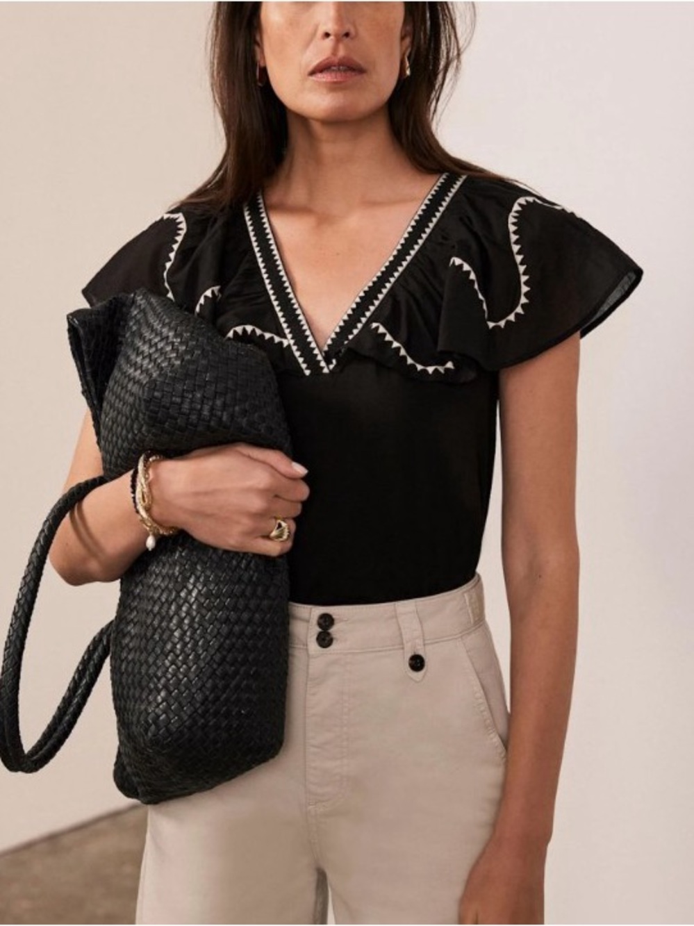 Mint Velvet Black Embroidered Ruffle Sleeve Top
